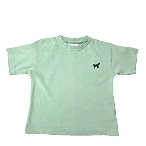 Zara Boys Girls Green Waffle Knit T-Shirt Cat Embroidered Size 8-9 Years